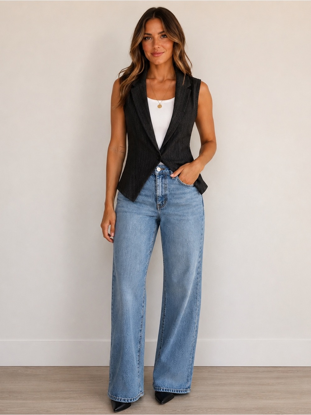SHEIN Black Pinstripe Sleeveless Blazer Vest